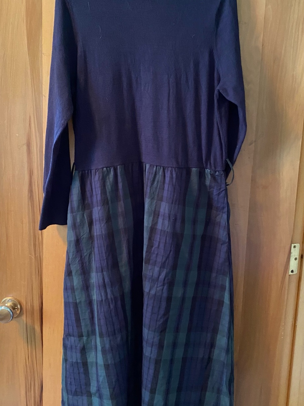 Long-Sleeve Navy Knit Bodice with Plaid Skirt Dress
